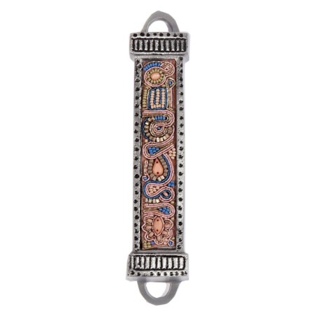 Yair Emanuel Aluminum Mezuzah with Embroidered Beads-Blue/Pink