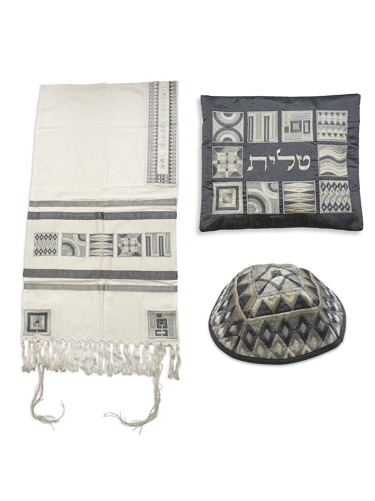 Yair Emanuel Embroidered Tallit Set With Square Patterns - Silver
