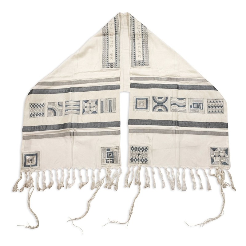 Yair Emanuel Embroidered Tallit Set With Square Patterns - Silver