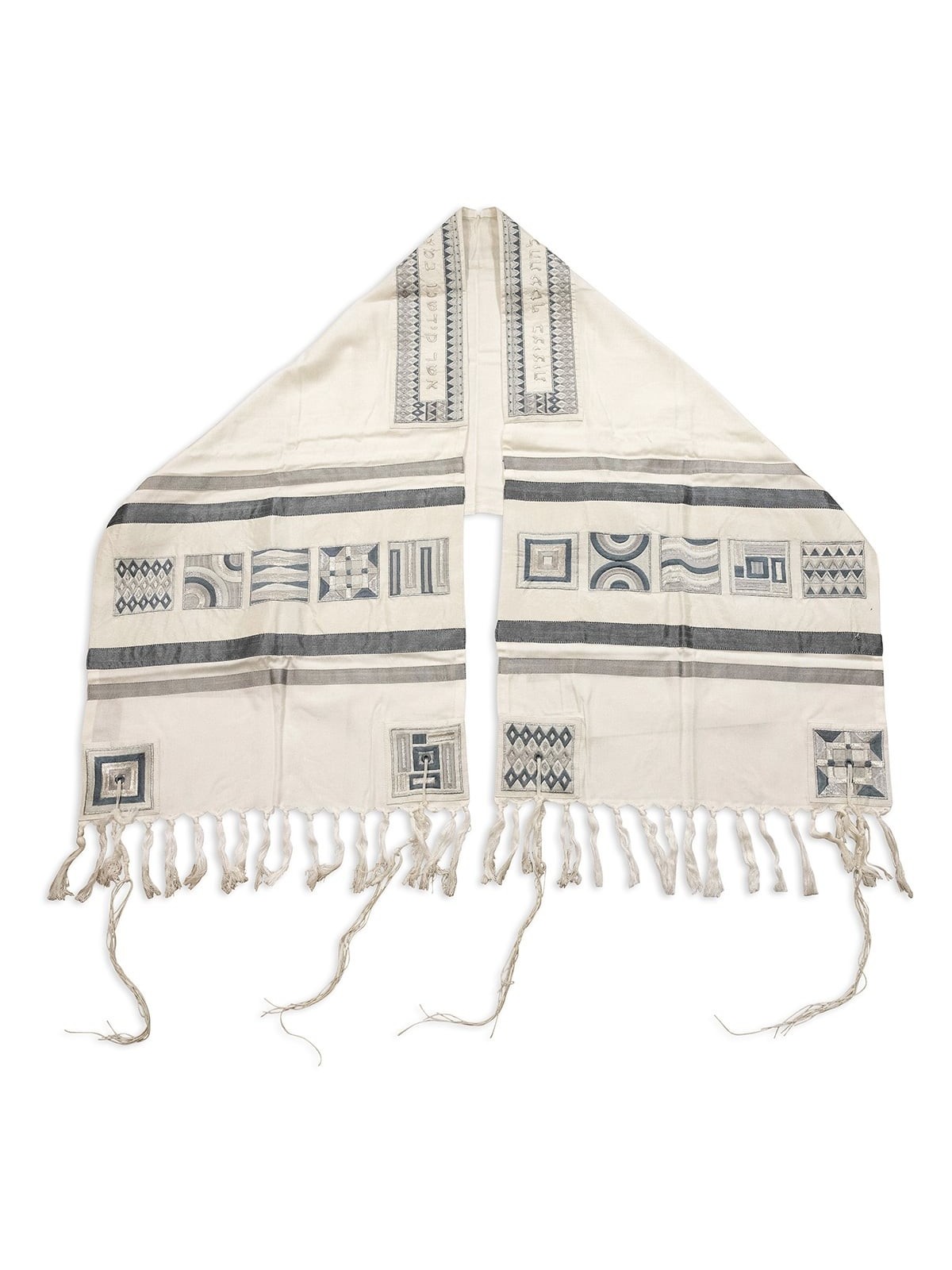 Yair Emanuel Embroidered Tallit Set With Square Patterns - Silver