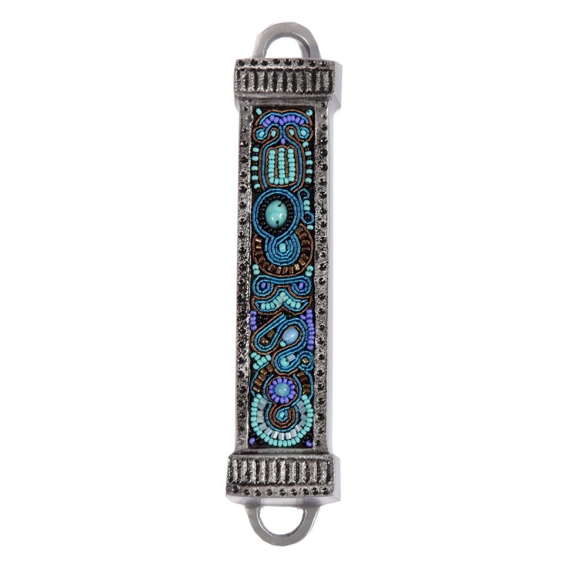 Yair Emanuel Aluminum Mezuzah with Embroidered Beads-Turquoise/Purple