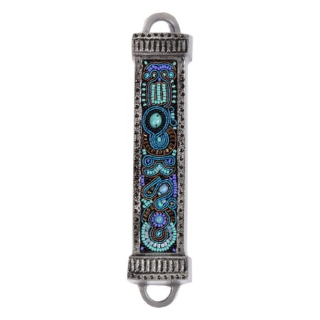 Yair Emanuel Aluminum Mezuzah with Embroidered Beads-Turquoise/Purple