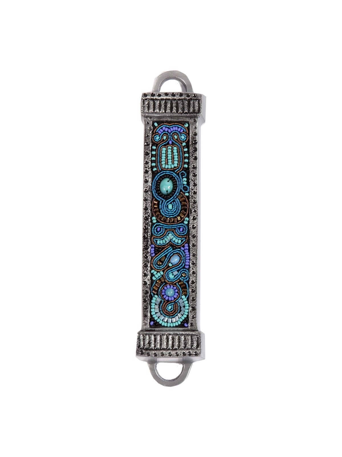 Yair Emanuel Aluminum Mezuzah with Embroidered Beads-Turquoise/Purple