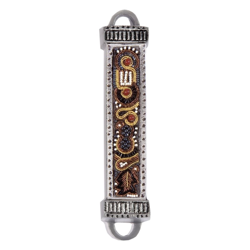 Yair Emanuel Aluminum Mezuzah with Embroidered Beads-Gold/Brown