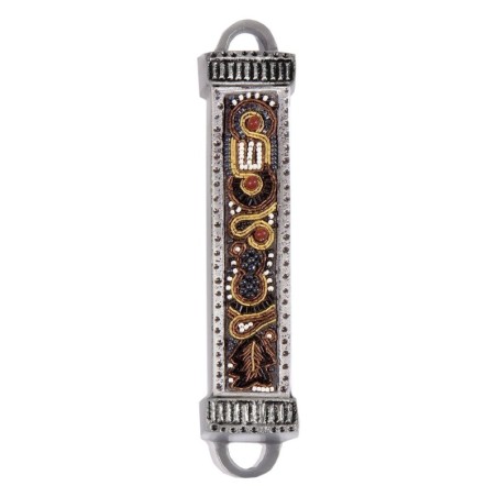 Yair Emanuel Aluminum Mezuzah with Embroidered Beads-Gold/Brown