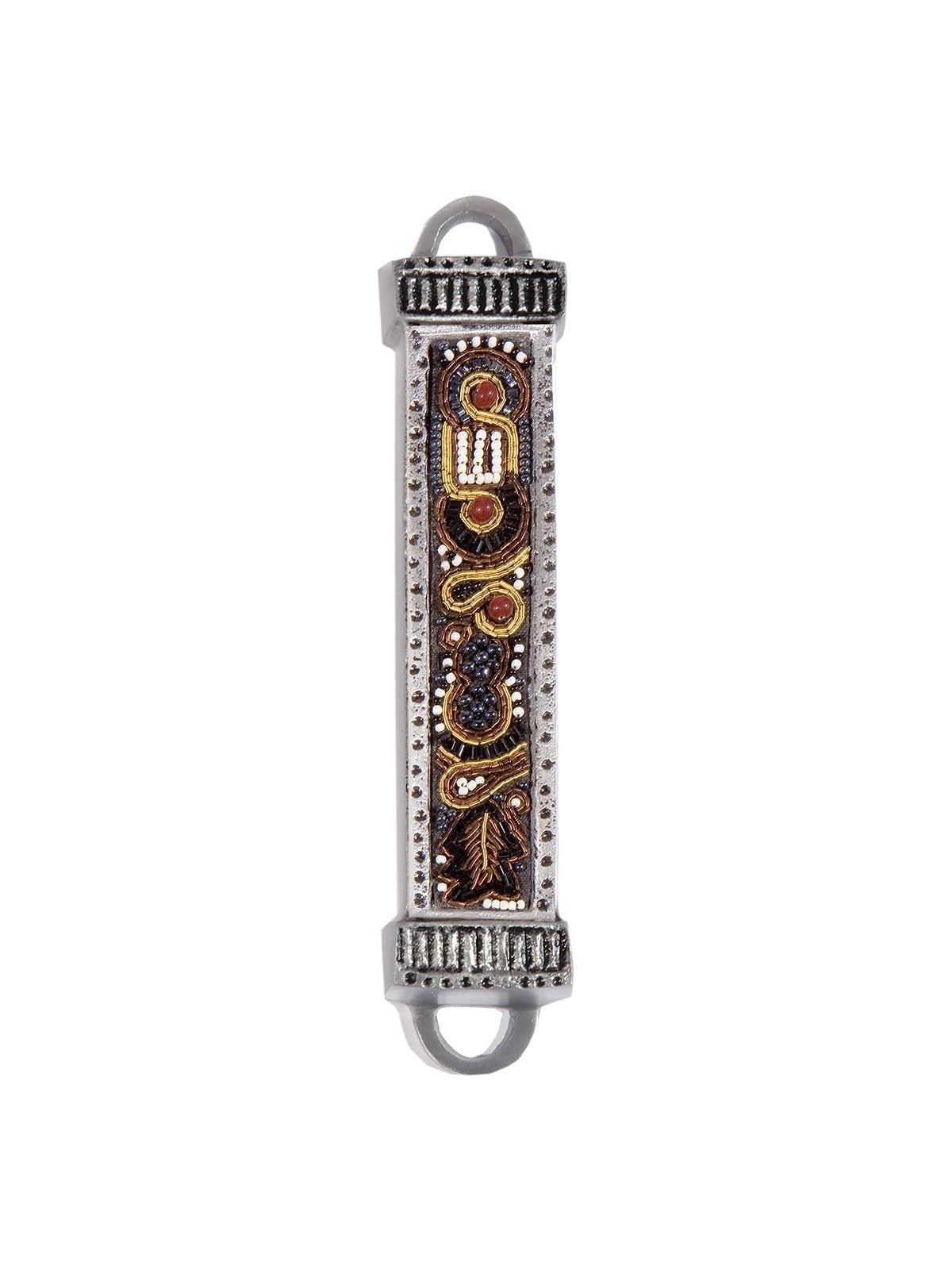 Yair Emanuel Aluminum Mezuzah with Embroidered Beads-Gold/Brown