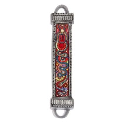 Yair Emanuel Aluminum Mezuzah with Embroidered Beads-Red/Blue