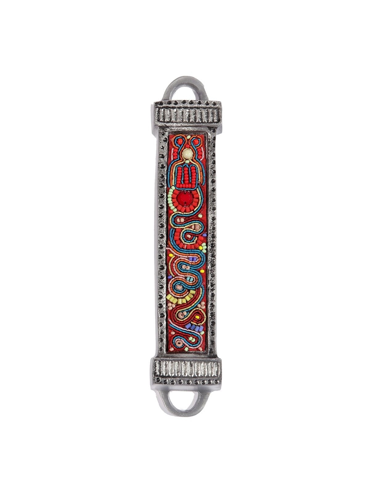 Yair Emanuel Aluminum Mezuzah with Embroidered Beads-Red/Blue