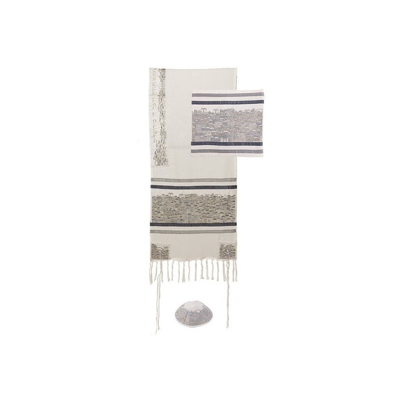 Yair Emanuel Embroidered Silver Jerusalem Tallit (Prayer Shawl) Set