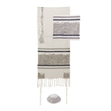 Yair Emanuel Embroidered Silver Jerusalem Tallit (Prayer Shawl) Set