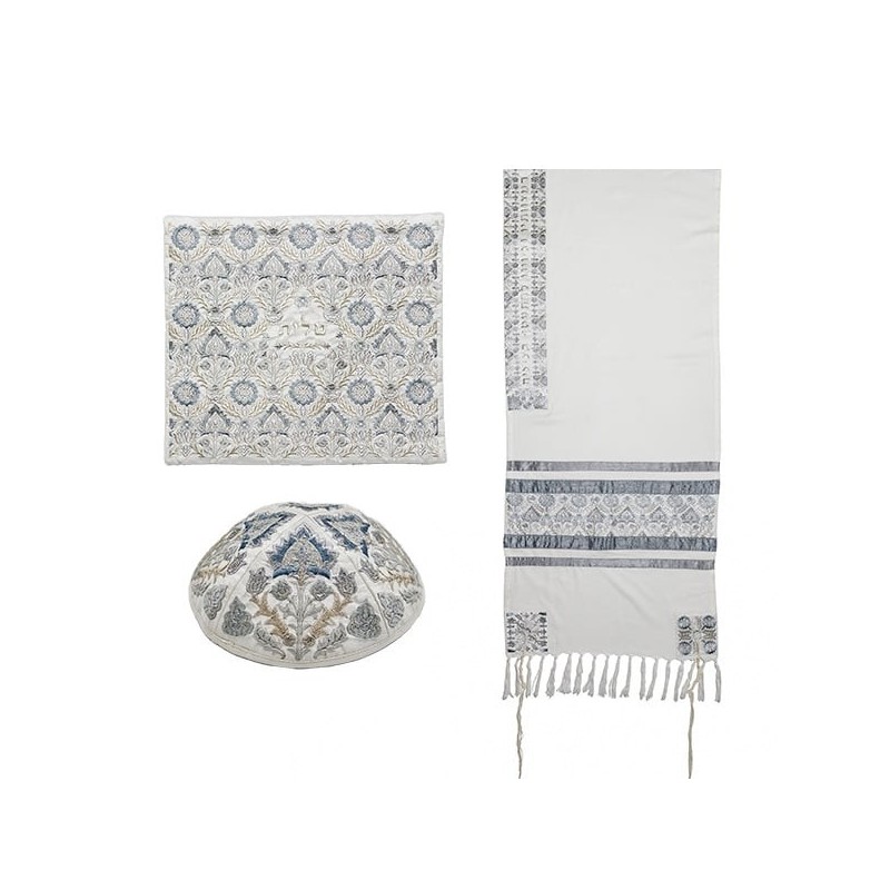 Yair Emanuel Fully Embroidered Cotton Silvery Floral Tallit (Prayer Sh
