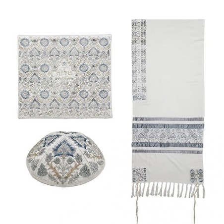 Yair Emanuel Fully Embroidered Cotton Silvery Floral Tallit (Prayer Sh