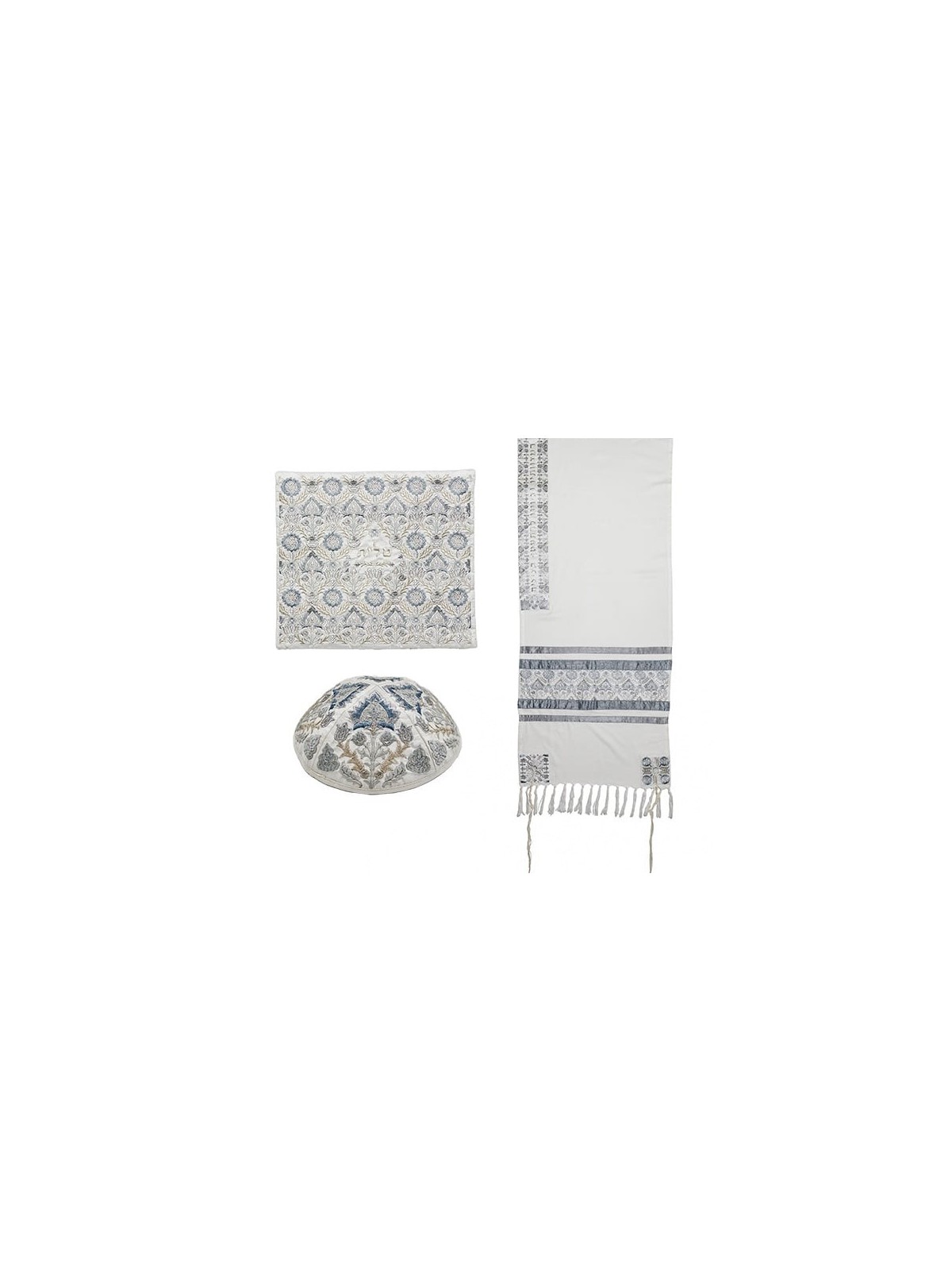 Yair Emanuel Fully Embroidered Cotton Silvery Floral Tallit (Prayer Sh