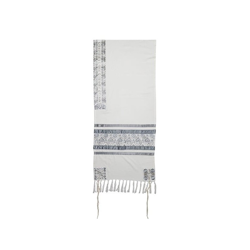 Yair Emanuel Fully Embroidered Cotton Silvery Floral Tallit (Prayer Sh