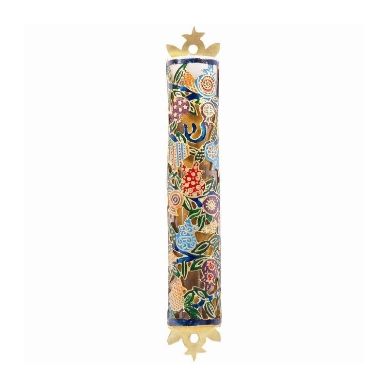 Yair Emanuel Laser Cut Hand Painted Metal Mezuzah - Pomegranates