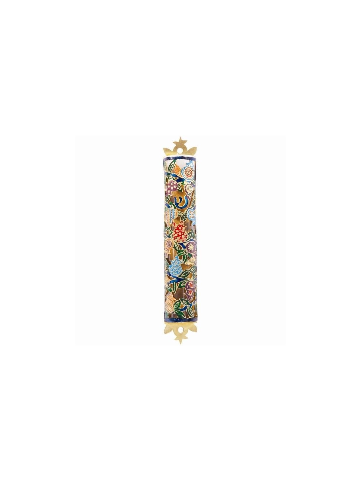 Yair Emanuel Laser Cut Hand Painted Metal Mezuzah - Pomegranates