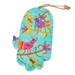 Yair Emanuel Wood Painted Hamsa - Birds