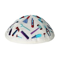 Yair Emanuel Child's Kippah With Tools (White / Blue)