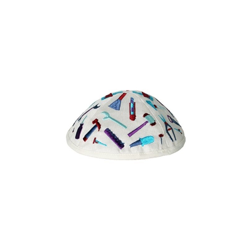 Yair Emanuel Child's Kippah With Tools (White / Blue)