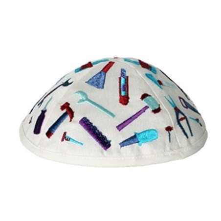 Yair Emanuel Child's Kippah With Tools (White / Blue)