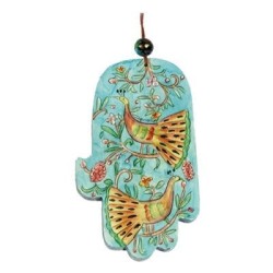 Yair Emanuel Large Wood Painted Hamsa - Peacocks