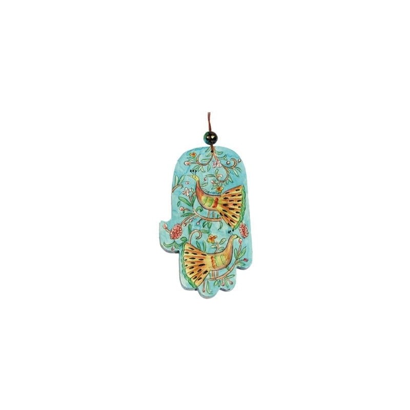 Yair Emanuel Large Wood Painted Hamsa - Peacocks