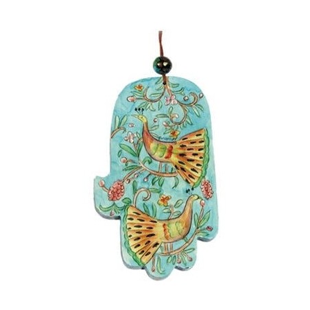Yair Emanuel Large Wood Painted Hamsa - Peacocks