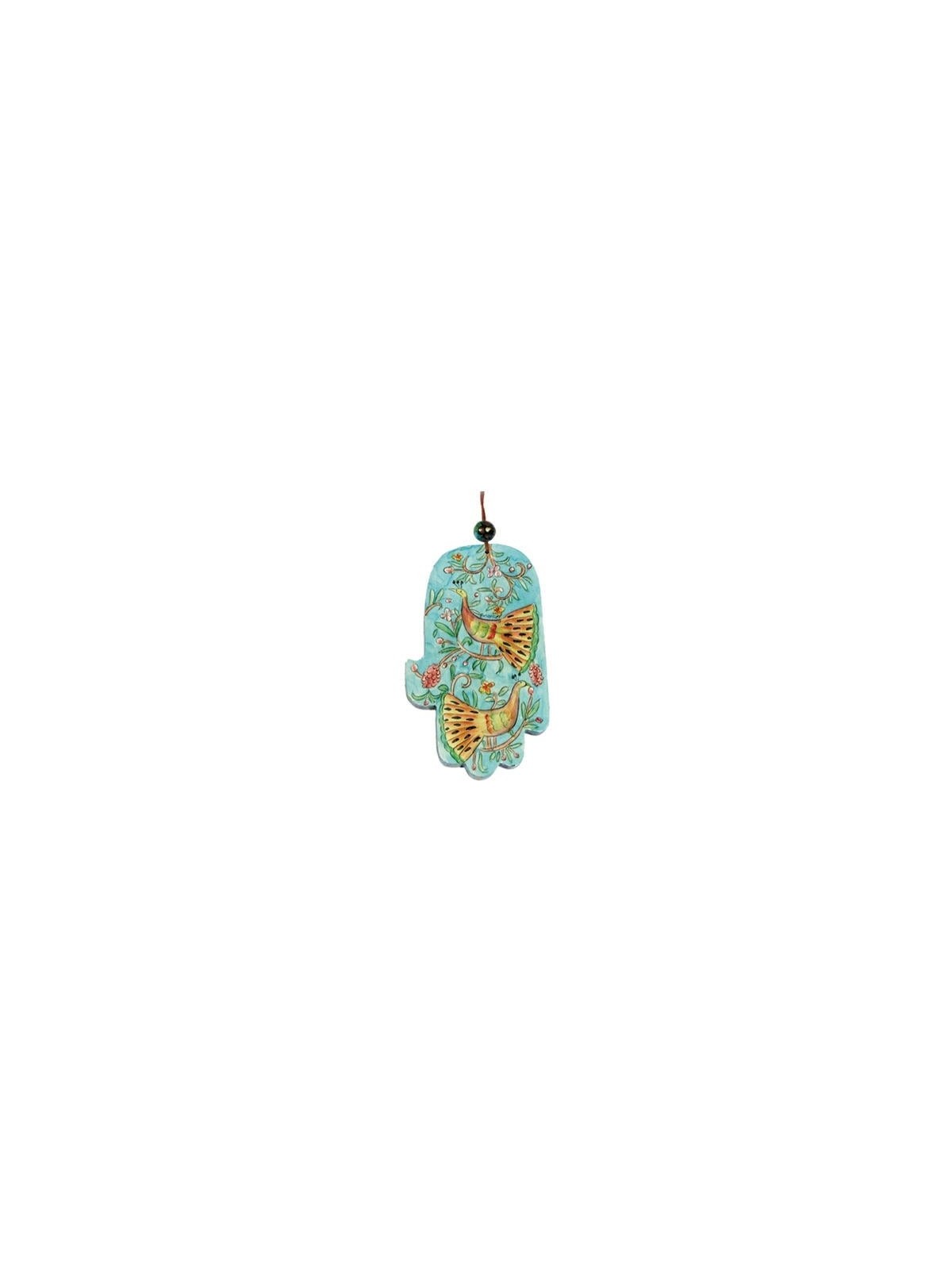 Yair Emanuel Large Wood Painted Hamsa - Peacocks
