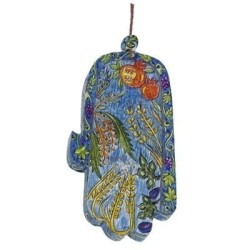 Yair Emanuel Wood Painted Hamsa - Seven Species