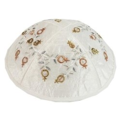 Yair Emanuel Embroidered Silk Kippah - Pomegranates - White