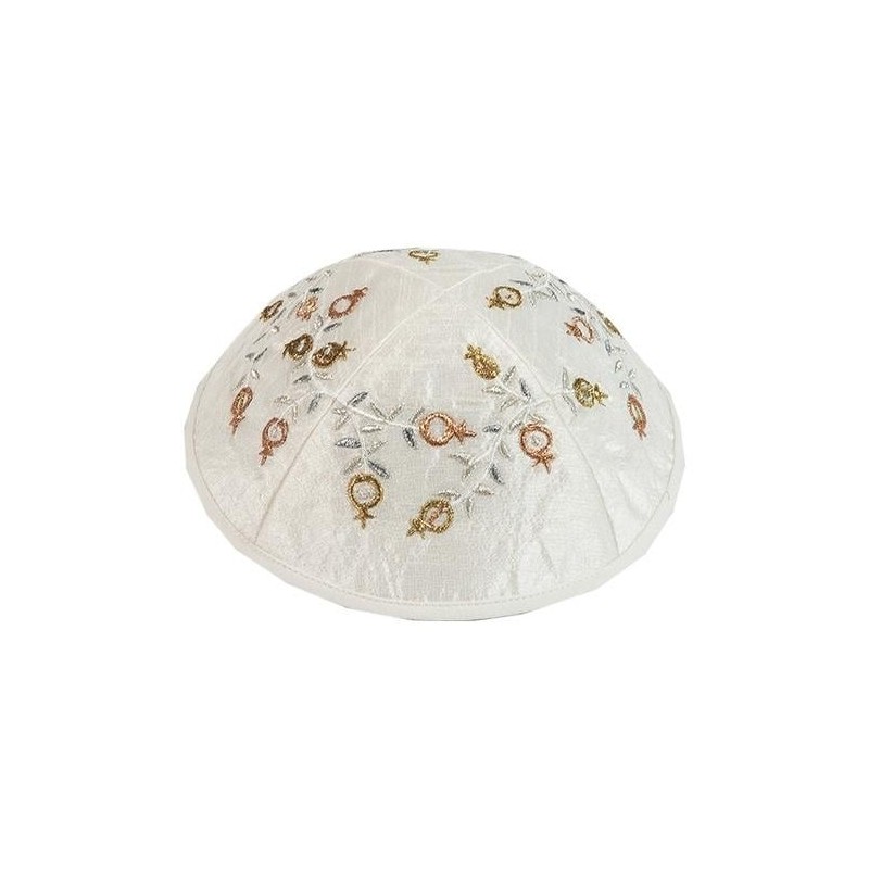 Yair Emanuel Embroidered Silk Kippah - Pomegranates - White
