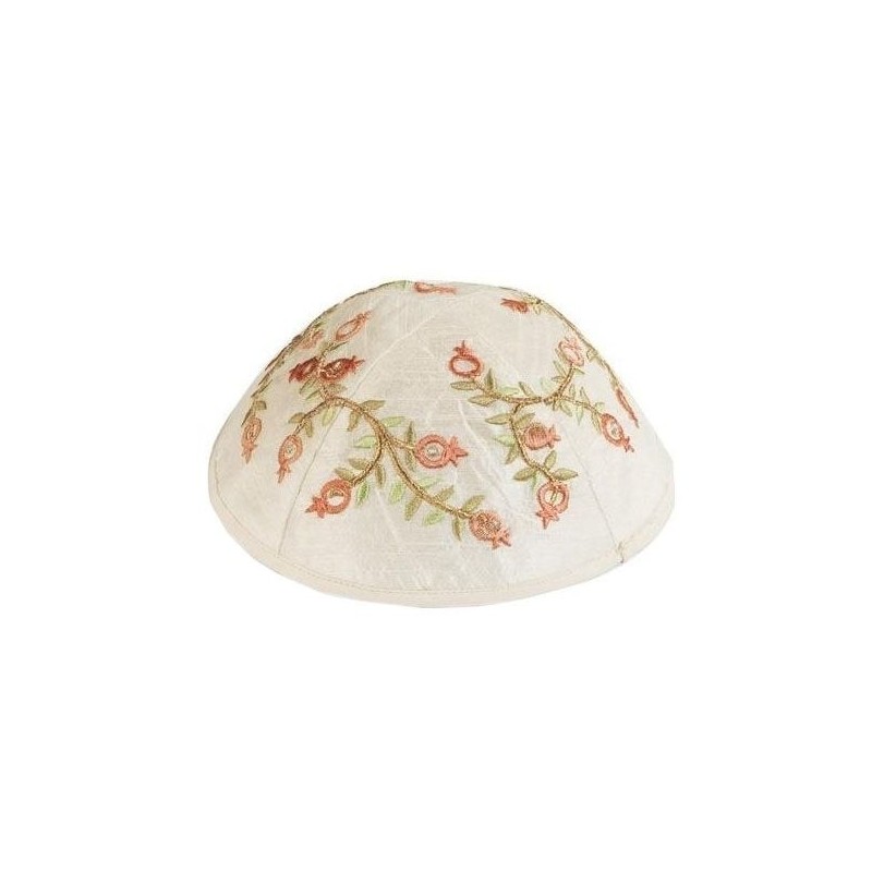 Yair Emanuel Embroidered Silk Kippah - Pomegranates - White