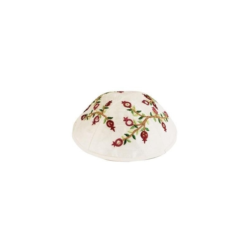 Yair Emanuel Embroidered Silk Kippah - Pomegranates - White