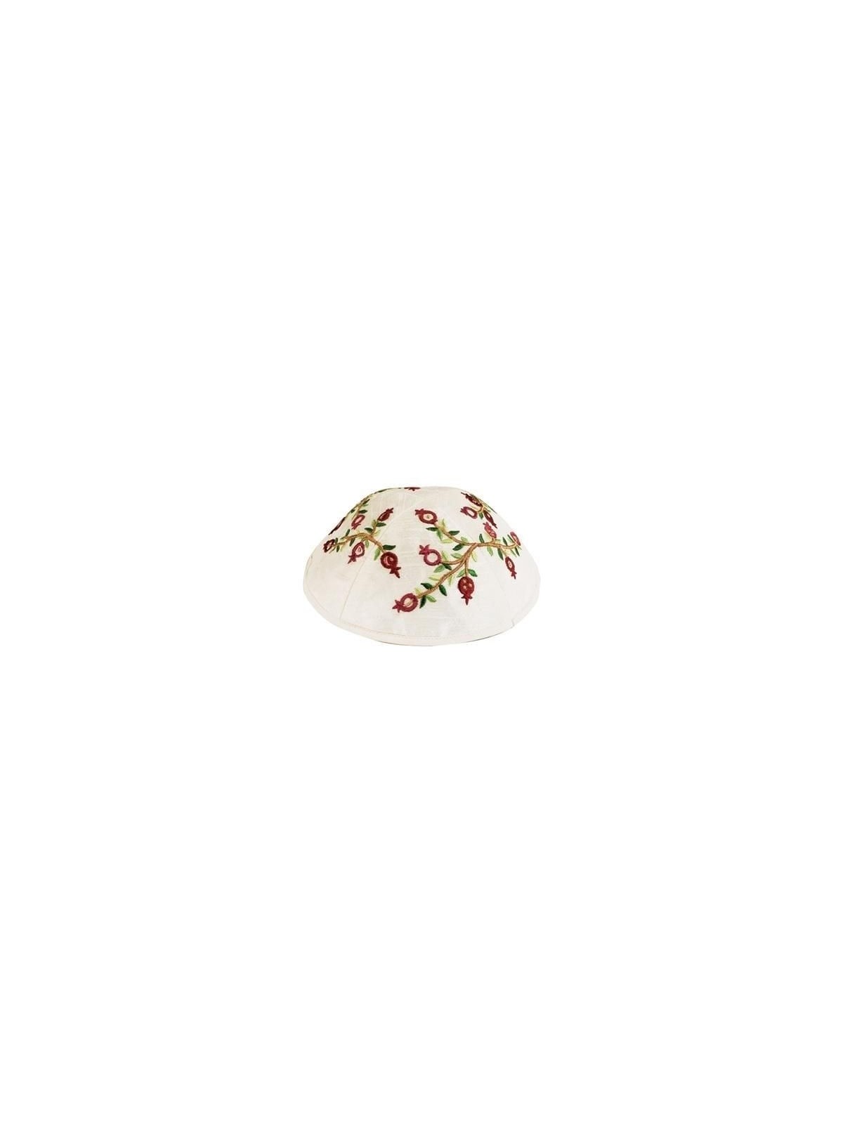 Yair Emanuel Embroidered Silk Kippah - Pomegranates - White