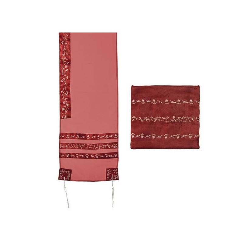 Yair Emanuel Organza Embroidered Stripes Women's Tallit - Maroon