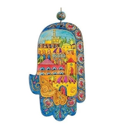 Yair Emanuel Wood Painted Hamsa - Mediterranean Design