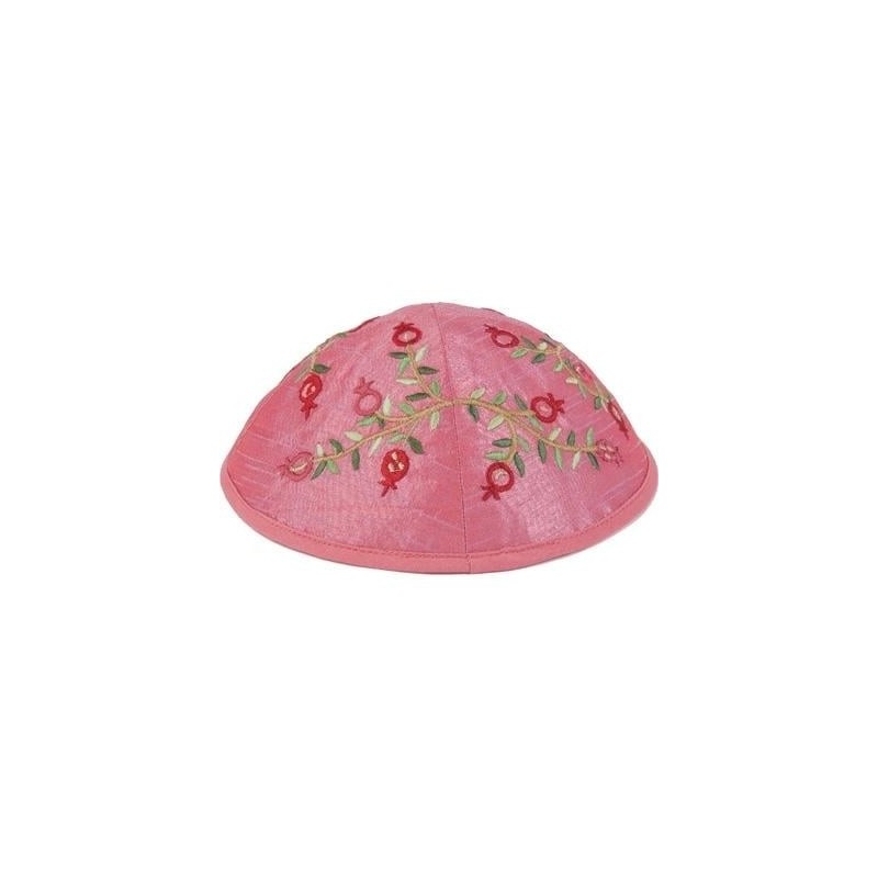 Yair Emanuel Embroidered Silk Kippah - Pomegranates - Pink / Purple
