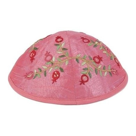 Yair Emanuel Embroidered Silk Kippah - Pomegranates - Pink / Purple