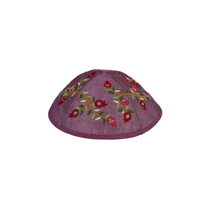 Yair Emanuel Embroidered Silk Kippah - Pomegranates - Pink / Purple