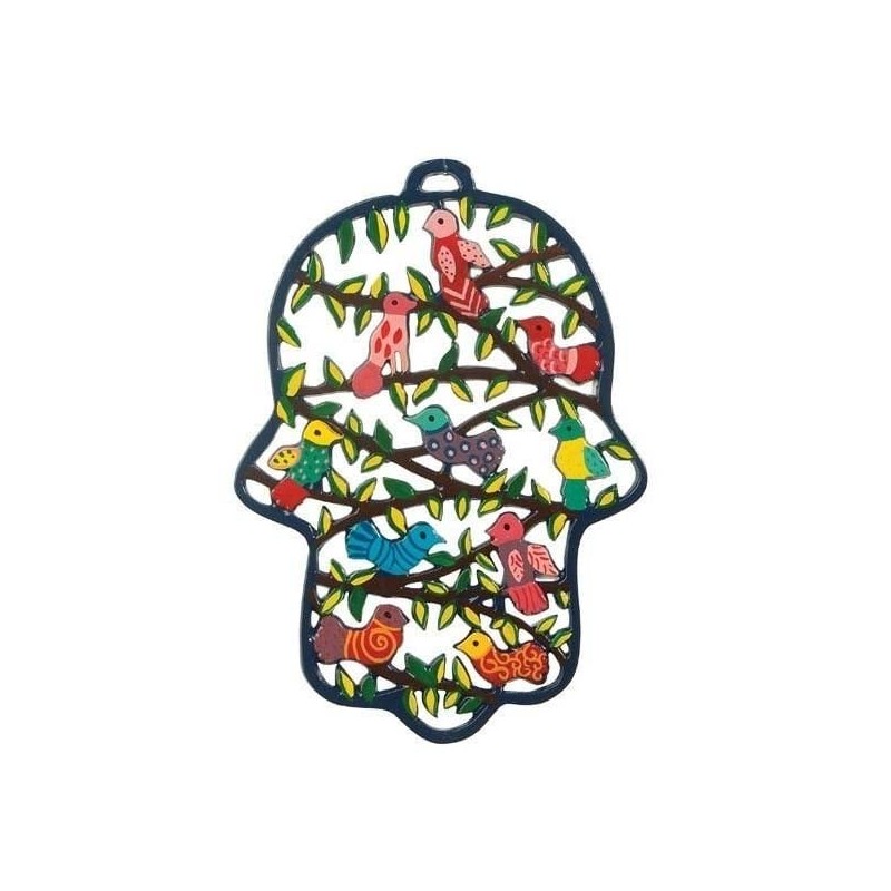 Birds: Yair Emanuel Hand Large Hand Painted Laser Cut Metal Hamsa