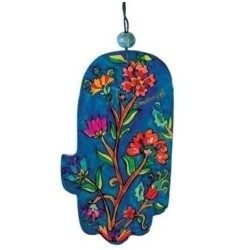 Yair Emanuel Small Wood Painted Hamsa - Flowers