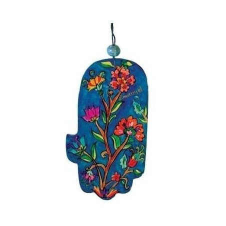 Yair Emanuel Small Wood Painted Hamsa - Flowers