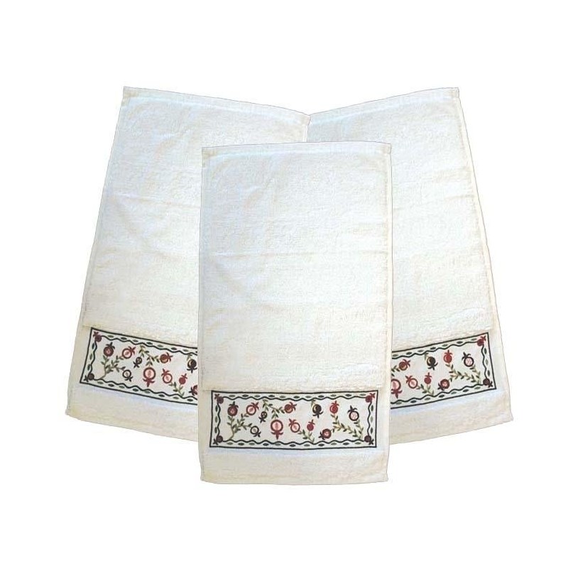 3 Embroidered Hand Towels - Pomegranates
