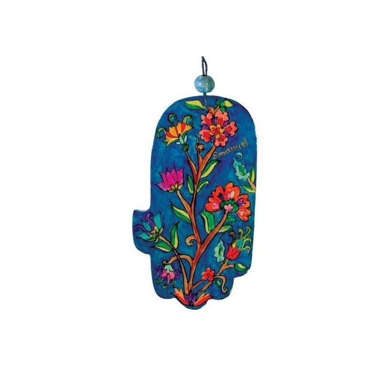 Yair Emanuel Wood Painted Hamsa - Flowers (Blue)