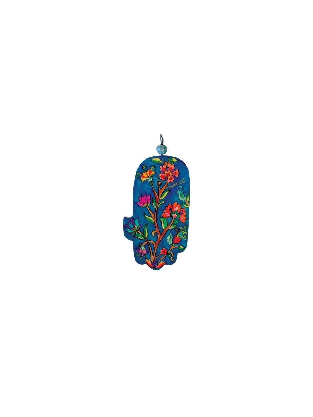 Yair Emanuel Wood Painted Hamsa - Flowers (Blue)