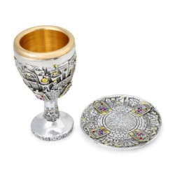 Silver-Plated Kiddush Cup Set With Gold-Accented Jerusalem and Hoshen