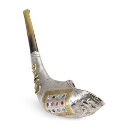 Customizable Silver-Plated Shofar With Hoshen Design - English/Hebrew