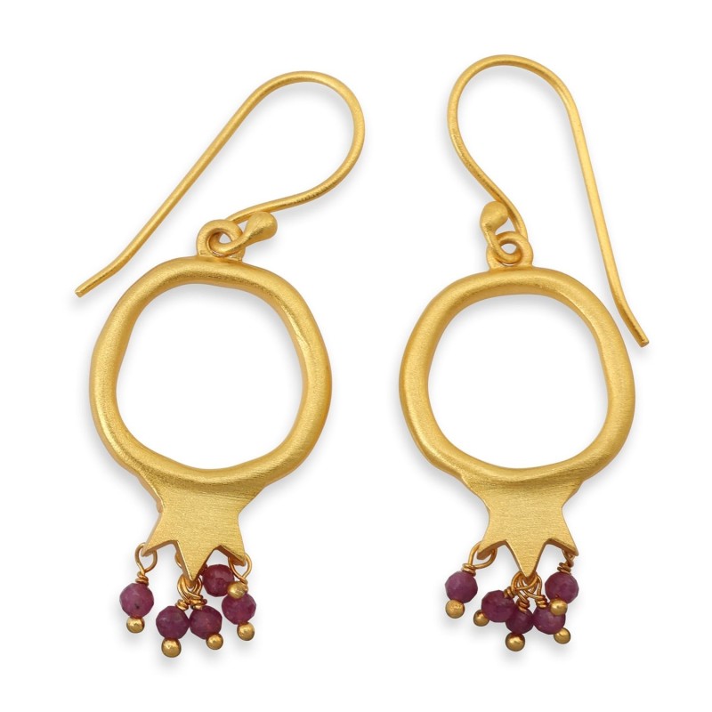 Dangling Gold-Plated Pomegranate Outline Ruby Beads Earrings by Yair E