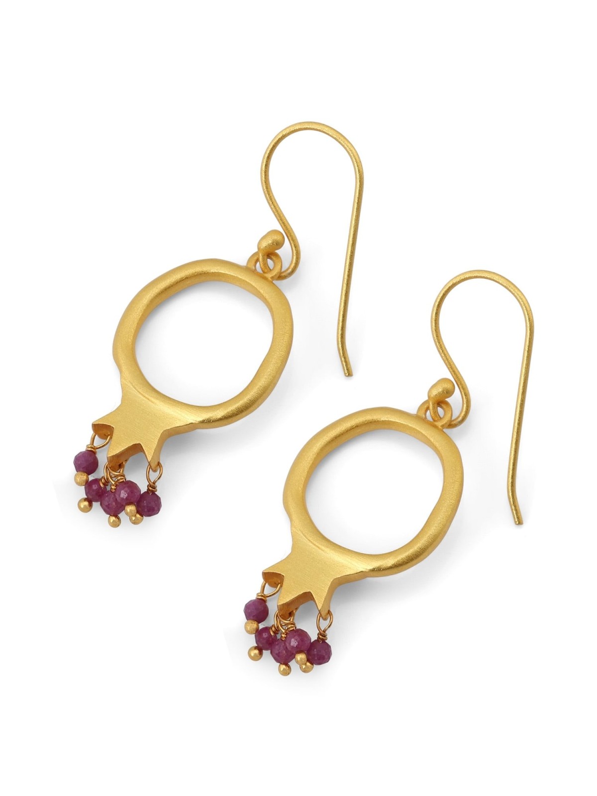 Dangling Gold-Plated Pomegranate Outline Ruby Beads Earrings by Yair E