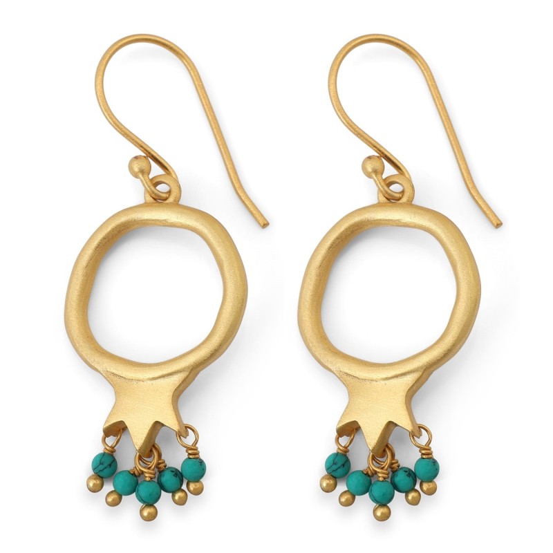 Dangling Gold-Plated Pomegranate Outline Earrings with Turquoise Beads